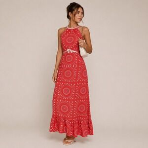 Vintage 70s Red Bandana Print Halter Maxi Dress Prairie Boho Ruffle Picnic XS S
